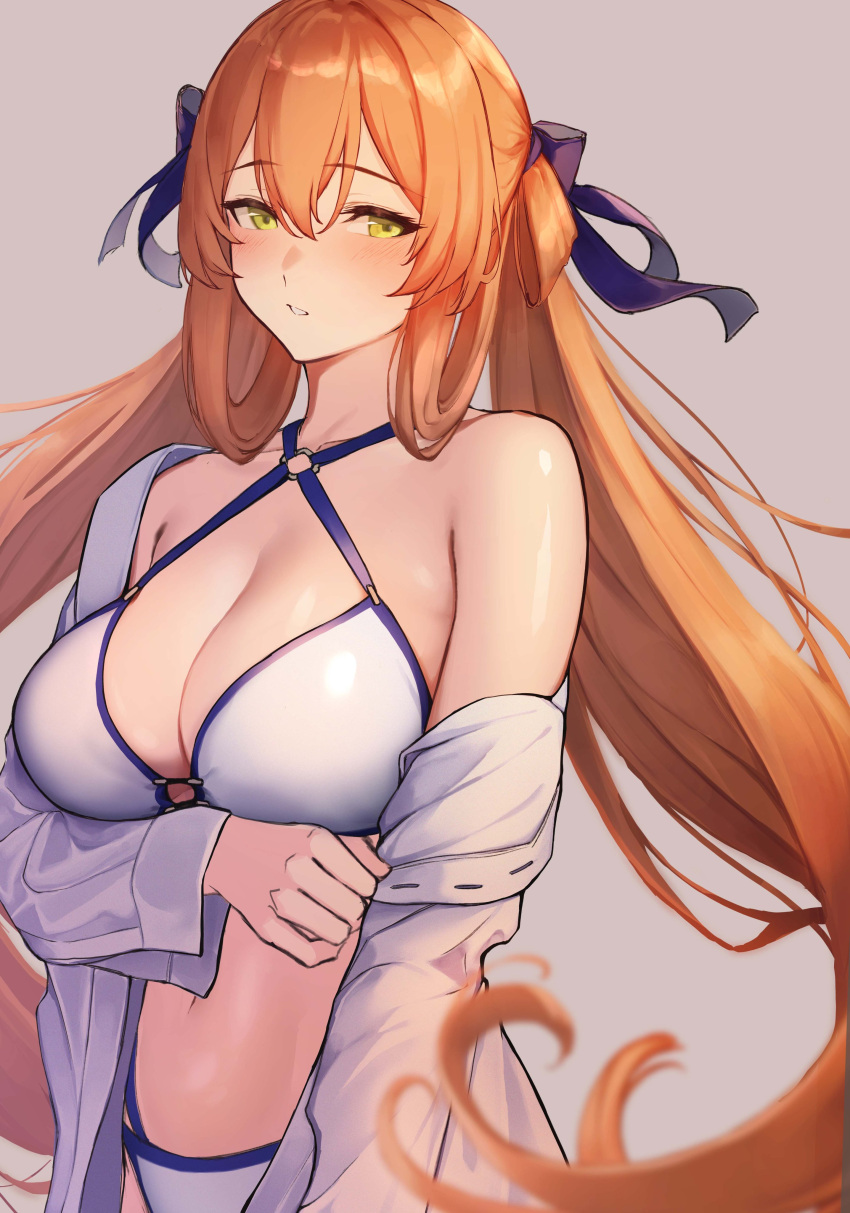 1girl 3_small_spiders absurdres bikini blue_ribbon blush breasts brown_hair collarbone girls'_frontline green_eyes hair_between_eyes hair_ribbon hair_rings highres large_breasts long_hair looking_to_the_side navel off_shoulder parted_lips ribbon shirt simple_background solo springfield_(girls'_frontline) springfield_(stirring_mermaid)_(girls'_frontline) swimsuit twintails upper_body very_long_hair white_bikini white_shirt