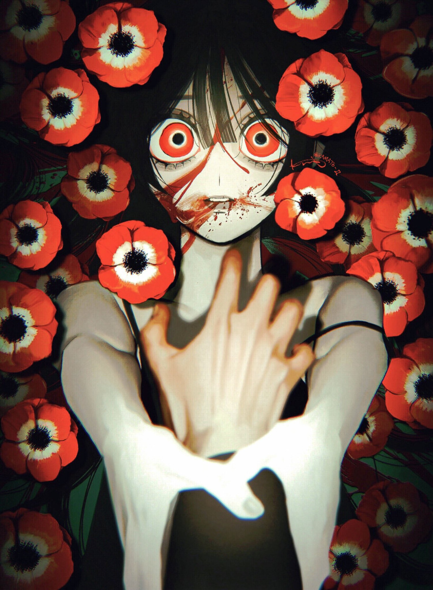 1girl anemone_(flower) black_hair blood chromatic_aberration flower highres kamato_il looking_at_viewer original parted_lips pov red_eyes shadow upper_body