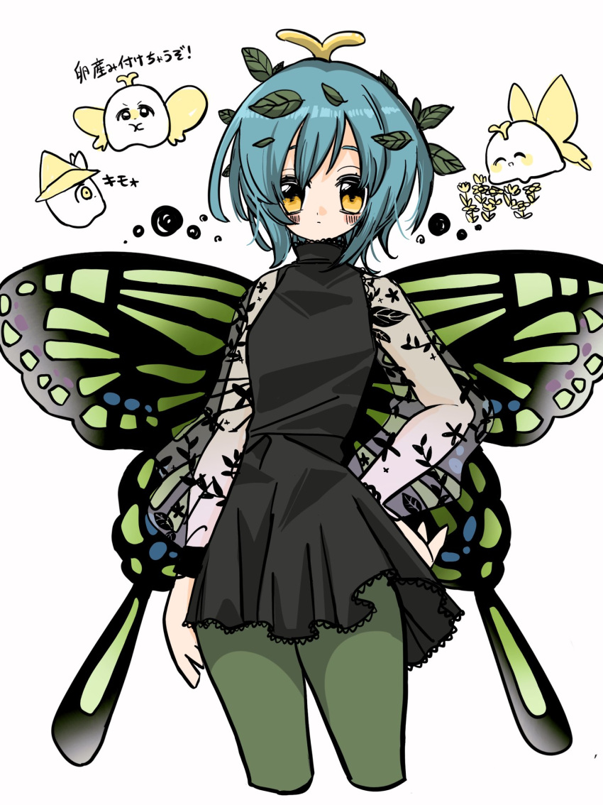 2girls antennae aqua_hair bad_anatomy bad_hands black_dress blush butterfly_wings closed_mouth cropped_legs dress eternity_larva fairy gao_wanwan green_pantyhose highres kirisame_marisa leaf leaf_on_head long_sleeves multiple_girls multiple_views pantyhose see-through see-through_sleeves short_hair simple_background touhou translation_request white_background wings yellow_eyes