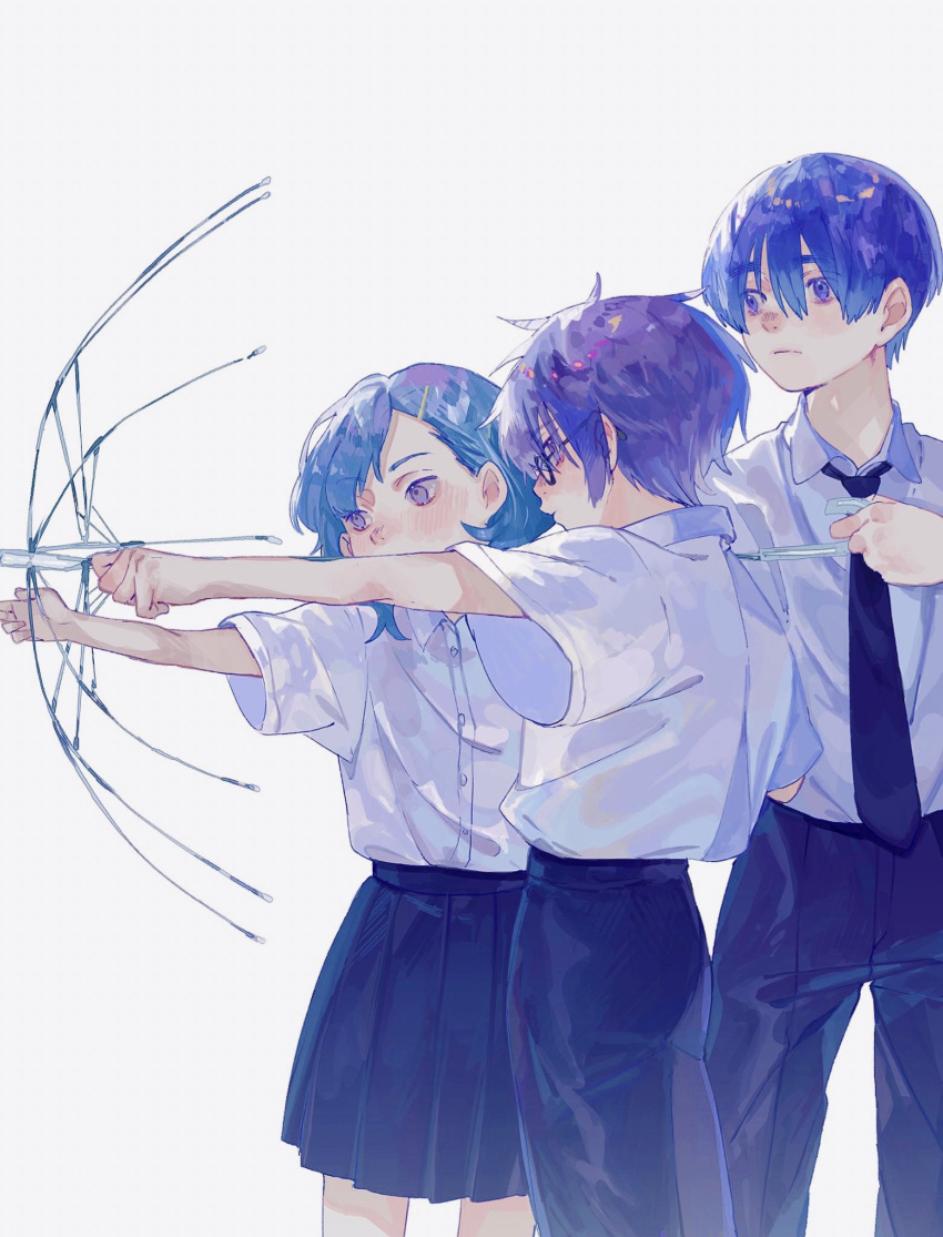 1girl 2boys aiming blue_eyes blue_hair blue_necktie blue_skirt bow_(weapon) broken_umbrella bullying collared_shirt commentary_request cowboy_shot drawing_bow dress_shirt from_side glasses gr_7 hair_ornament hairclip highres holding holding_bow_(weapon) holding_umbrella holding_weapon looking_to_the_side multiple_boys necktie original outstretched_arm pleated_skirt purple_eyes purple_hair school_uniform shirt shirt_tucked_in short_sleeves simple_background skirt standing swept_bangs umbrella weapon white_background white_shirt