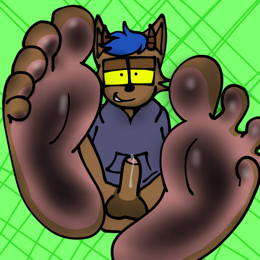 anthro barefoot beagle_takatomi blue_clothing blue_hair blue_hoodie blue_topwear bodily_fluids brown_body brown_fur canid canid_demon canine clothing demon dirty_feet eyewear feet foot_fetish foot_focus fur genital_fluids genitals glasses green_background hair hellhound hi_res hoodie horn humanoid looking_at_viewer male mammal pantsless penis pink_body pink_skin pink_soles precum schyllu_(artist) shoeless simple_background smile solo topwear yellow_eyes