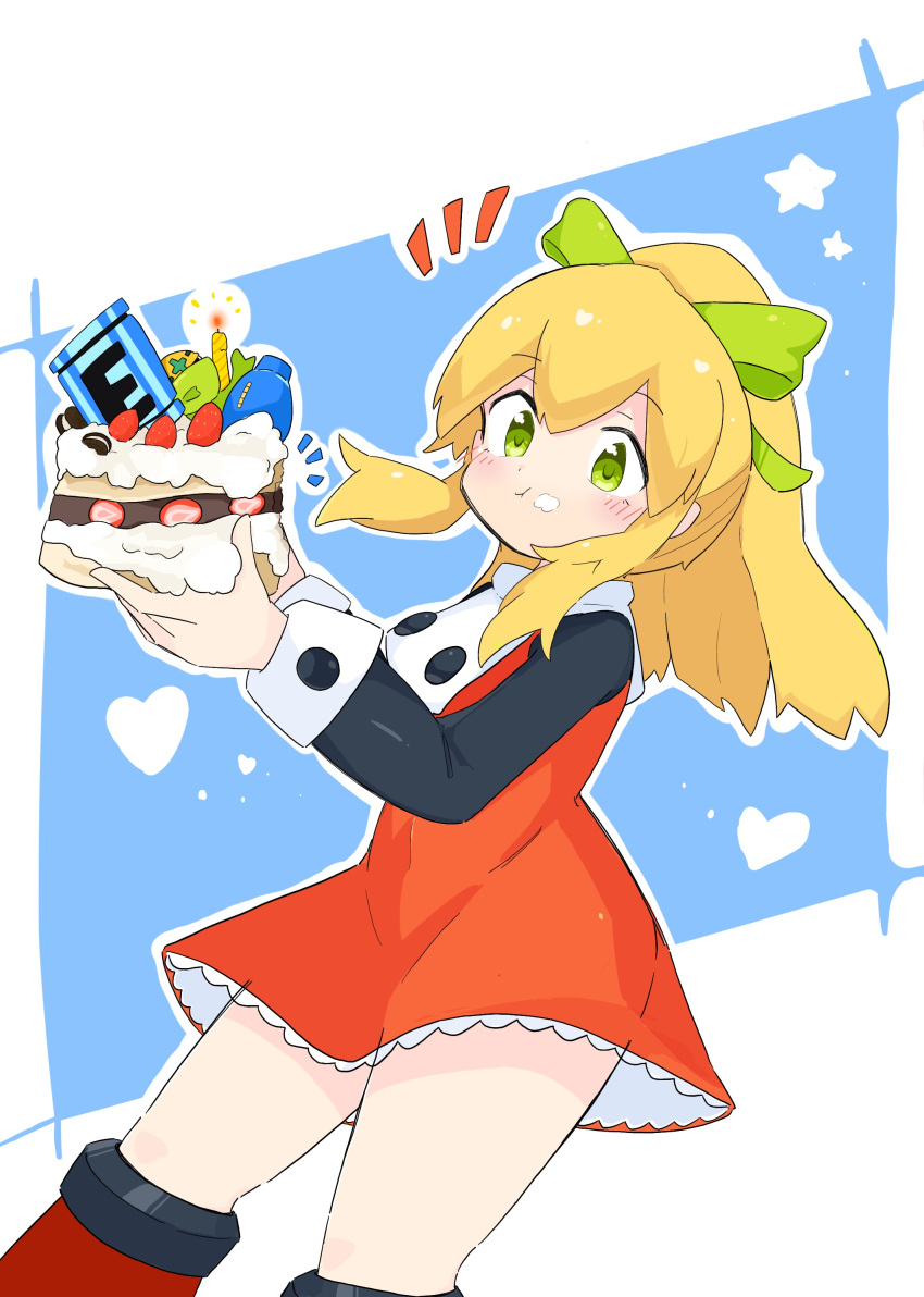 1girl absurdres blonde_hair blush cake closed_mouth commission dress energy_tank feet_out_of_frame food food_on_face green_eyes green_ribbon hair_between_eyes hair_ribbon highres holding holding_food long_hair long_sleeves mega_man_(classic) mega_man_(series) ponytail red_dress ribbon roll_(mega_man) sidelocks solo strawberry_shortcake tatutaniyuuto