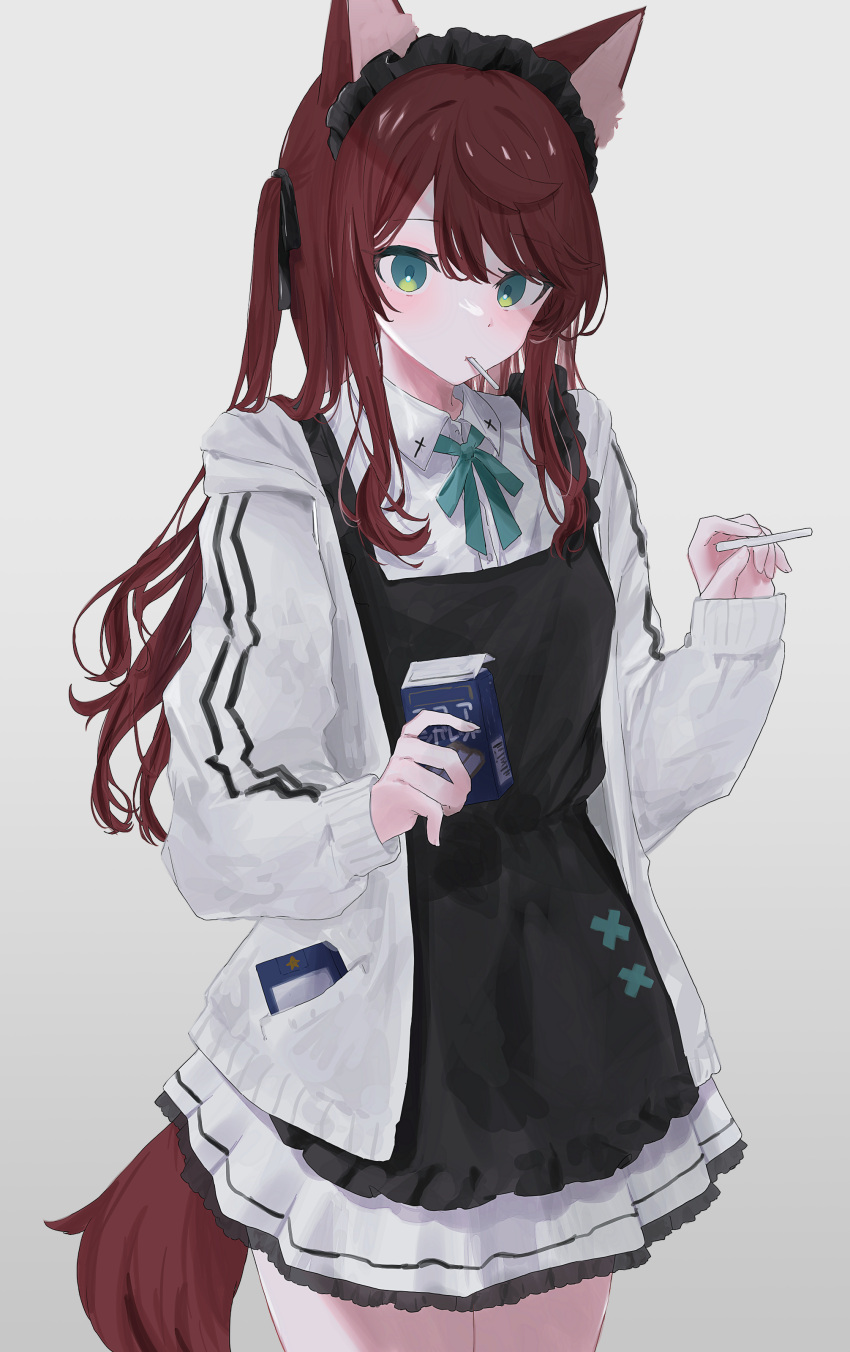 1girl absurdres animal_ear_fluff animal_ears apron aqua_bow aqua_bowtie black_apron bow bowtie brown_hair chamu_(kohaku_sogo) collared_shirt cowboy_shot dress_shirt eating food frilled_skirt frills green_eyes highres holding holding_food hood hooded_jacket jacket kohaku_sogo maid_apron maid_headdress mouth_hold open_clothes open_jacket pleated_skirt shirt skirt solo tail track_jacket two_side_up white_jacket white_shirt white_skirt wolf_ears wolf_girl wolf_tail