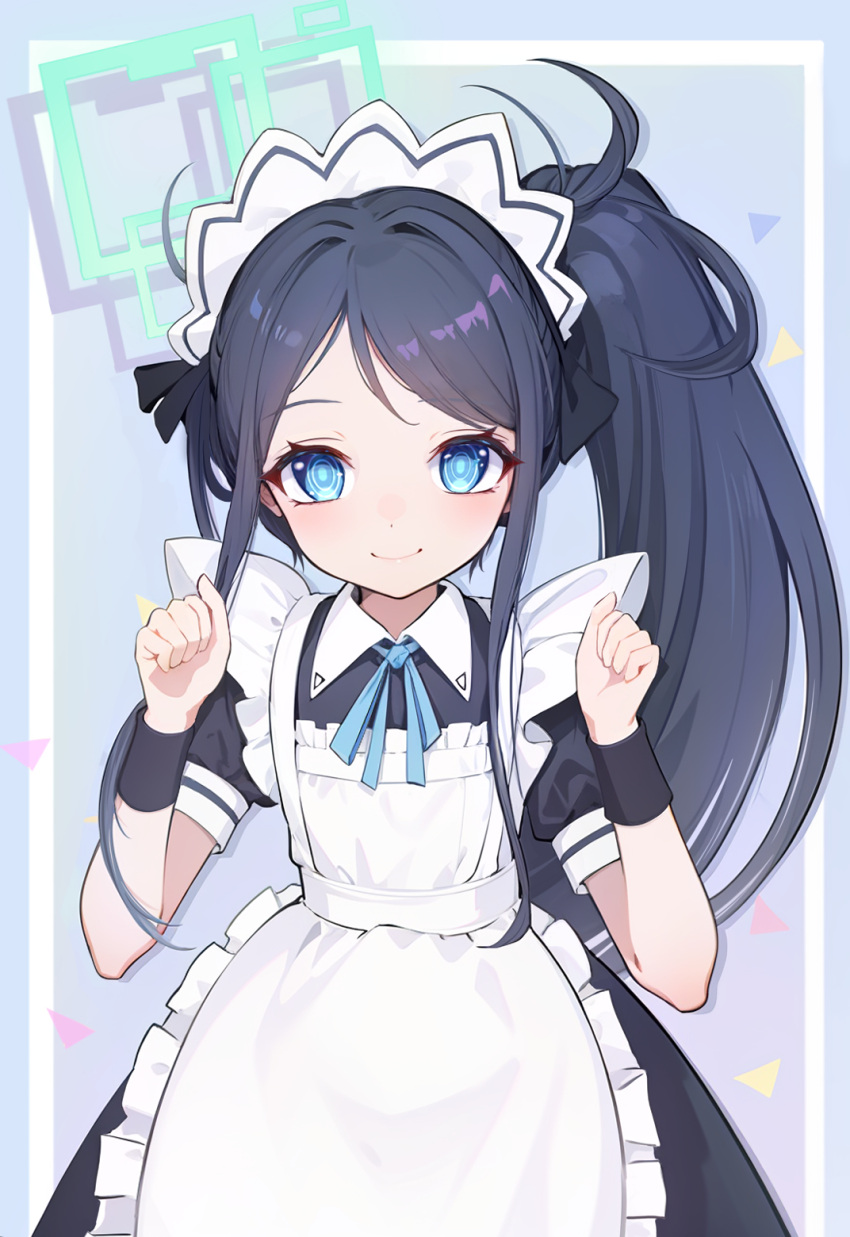 1girl apron aris_(blue_archive) aris_(maid)_(blue_archive) black_hair black_wristband blue_archive blue_eyes blue_ribbon borrowed_clothes bright_pupils frilled_apron frills green_halo halo hands_up highres maid maid_apron maid_headdress neck_ribbon official_alternate_costume ponytail ribbon ringed_eyes short_sleeves solo white_apron white_pupils zhnyy3