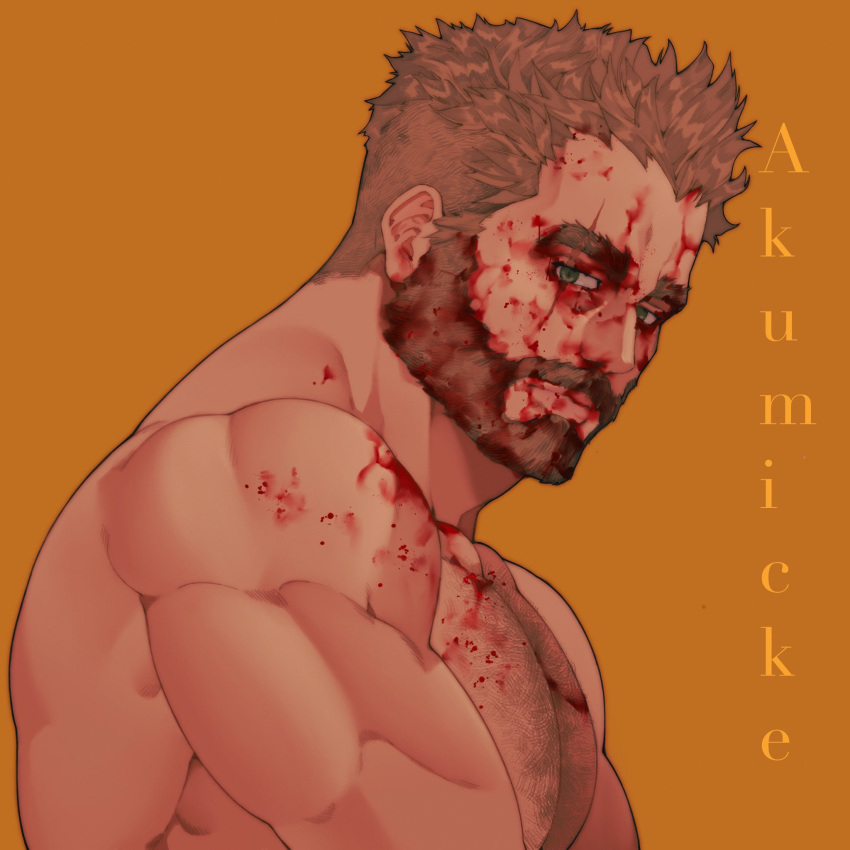 1boy akumicke bara beard blood blood_on_chest blood_on_face brown_background brown_theme chest_hair expressionless facial_hair from_side highres large_pectorals light_brown_hair looking_at_viewer looking_to_the_side male_focus mature_male muscular muscular_male nude original pectorals scar scar_across_eye short_hair solo thick_mustache upper_body