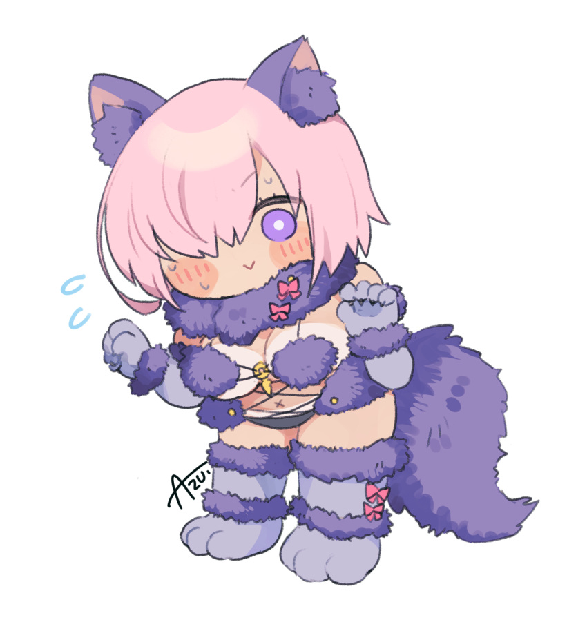 1girl animal_ears azu_(kirara310) blush breasts chibi fate/grand_order fate_(series) flying_sweatdrops full_body fur-trimmed_gloves fur-trimmed_legwear fur_bikini fur_collar fur_trim gloves hair_over_one_eye highres looking_at_viewer mash_kyrielight mash_kyrielight_(dangerous_beast) medium_breasts pink_hair purple_eyes purple_gloves purple_tail purple_thighhighs short_hair simple_background solo sweat tail tan tanlines thighhighs white_background wolf_ears wolf_tail