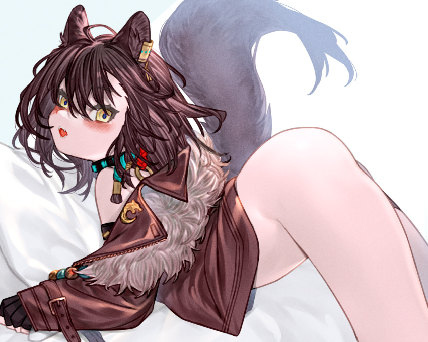 1girl ahoge animal_ear_fluff animal_ears arched_back arknights ass bare_shoulders black_choker black_gloves blush bottomless brown_hair brown_jacket choker fang fingerless_gloves from_side fur-trimmed_jacket fur_trim gloves highres jacket kochiya_(gothope) long_hair long_sleeves looking_at_viewer looking_to_the_side lunacub_(arknights) off_shoulder open_clothes open_jacket open_mouth simple_background solo tail white_background wolf_ears wolf_girl wolf_tail yellow_eyes