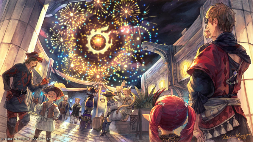 4girls 5boys aerial_fireworks artist_name barrel belt belt_pouch brown_gloves brown_hair brown_vest building celebration city copyright copyright_name earrings facing_away final_fantasy final_fantasy_xiv fingerless_gloves fireworks gloves hand_on_own_hip hand_up hat hat_feather highres hyur jacket jewelry knee_pads lalafell logo miqo'te multiple_boys multiple_girls night night_sky official_art okamoto_koudai open_mouth outdoors pants parted_lips plant pointy_ears pouch red_gloves red_hair red_headwear red_jacket red_pants short_hair signature sky smile standing tassel twintails vest wandering_minstrel warrior_of_light_(ff14) window