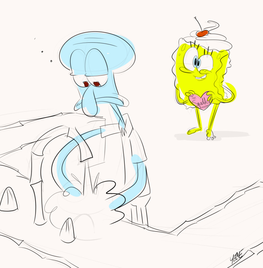 &lt;3 ambiguous_gender anthro barefoot blue_body bottomless buckteeth cephalopod cherry clothed clothing coleoid duo eyelashes feet food frown fruit hi_res icing lidded_eyes marine mollusk nickelodeon nude octopodiform octopus on_model plant sea_sponge shirt shirt_only sink sketch smile spongebob_squarepants spongebob_squarepants_(character) squidward_tentacles teeth toony topwear topwear_only washing_hands water yece yellow_body