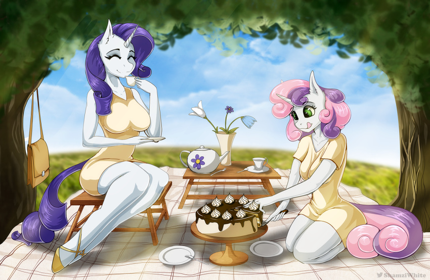 anthro beverage cake clothed clothing dessert dress duo equid equine female food friendship_is_magic hair hasbro horn long_hair mammal my_little_pony picnic rarity_(mlp) shamziwhite smile summer sweetie_belle_(mlp) tea unicorn