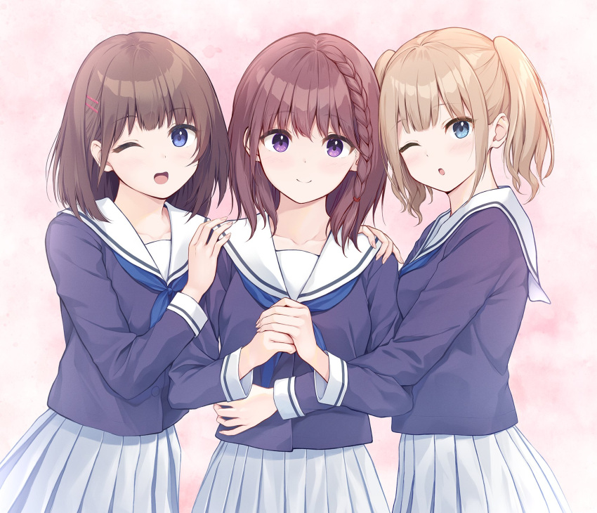 3girls ;d ;o blue_eyes blue_neckerchief blush braid brown_hair cardigan collarbone girl_sandwich hand_on_another's_waist hands_on_another's_shoulders highres multiple_girls neckerchief one_eye_closed open_mouth original own_hands_together pasdar pink_background pleated_skirt purple_cardigan purple_eyes purple_hair sailor_collar sandwiched school_uniform serafuku skirt smile white_sailor_collar white_skirt