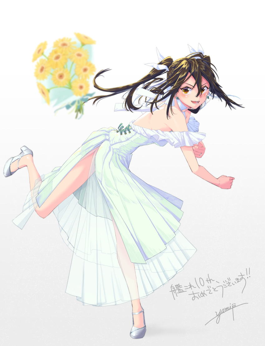 1girl alternate_costume bare_shoulders brown_hair dress flower full_body grey_background high_heels highres kantai_collection medium_hair off-shoulder_dress off_shoulder open_mouth signature simple_background smile solo teeth text_background tone_(kancolle) translation_request twintails wedding_dress white_dress white_footwear yami_(m31) yellow_eyes
