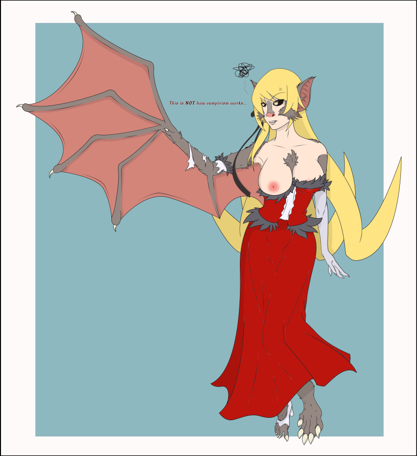 absurd_res angry annoyed anthro bat blonde_hair breasts claws clothing corset exposed_breasts female fur gloves grey_body grey_fur hair handwear hi_res human kiss-shot_acerola-orion_heart-under-blade lingerie mammal mid_transformation red_clothing shinobu_oshino solo toe_claws topwear torn_clothing transformation vampire violetrosefall wings