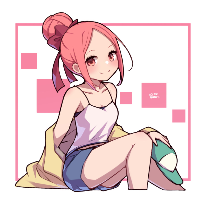 1girl blue_shorts bow breasts dated hair_bow hair_bun highres long_hair looking_at_viewer medium_breasts off_shoulder original pink_eyes pink_hair red_bow shorts single_hair_bun sitting smile umenodo