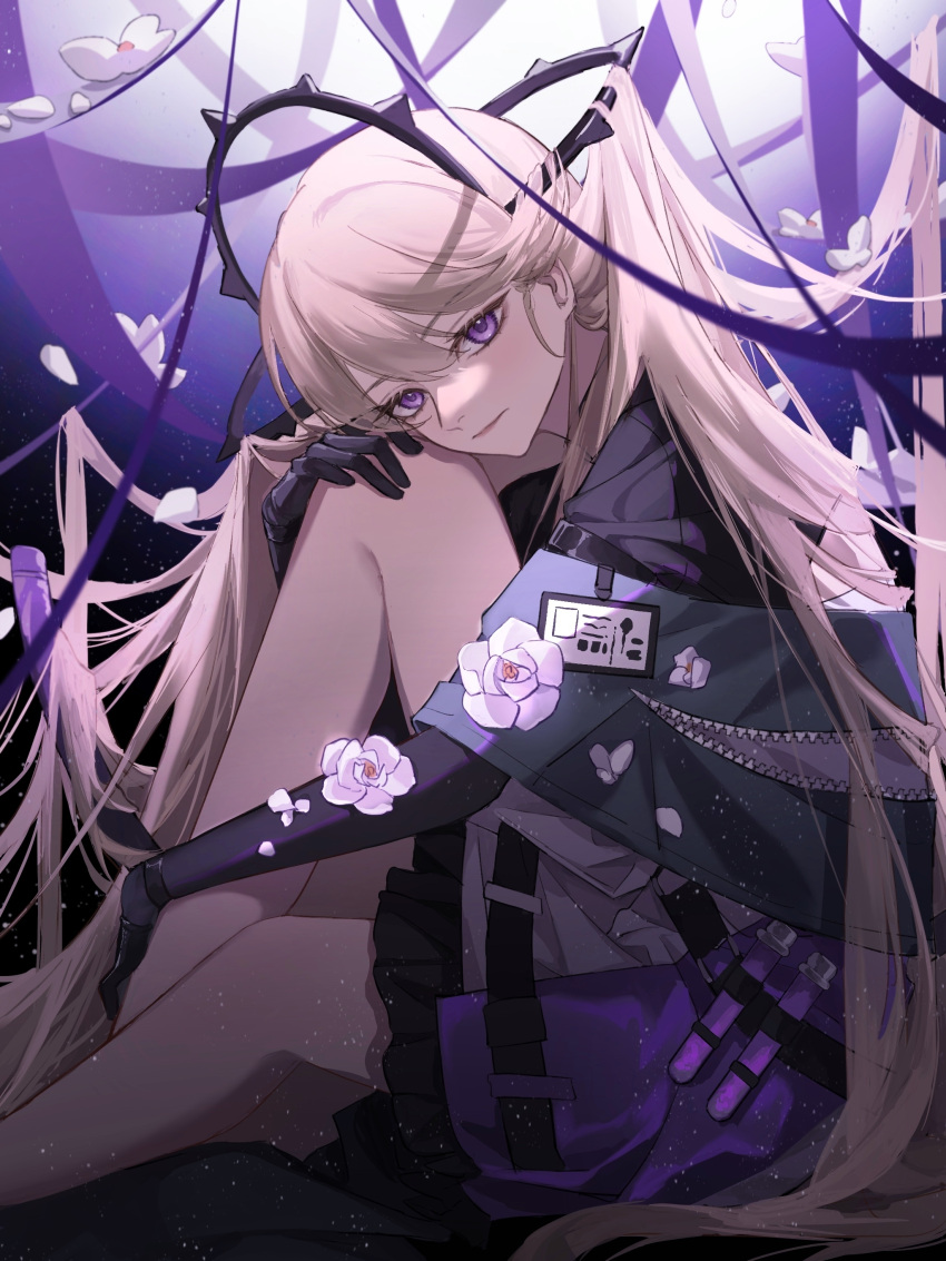 1girl absurdres arknights bare_legs black_gloves black_skirt blonde_hair chinese_commentary closed_mouth commentary_request elbow_gloves expressionless feet_out_of_frame flower from_side gloves hair_ornament hand_on_own_knee highres id_card indigo_(arknights) jacket lips long_hair looking_at_viewer looking_to_the_side multicolored_clothes multicolored_jacket purple_eyes purple_jacket skirt two-tone_jacket very_long_hair vial weimeizi white_flower white_jacket zipper