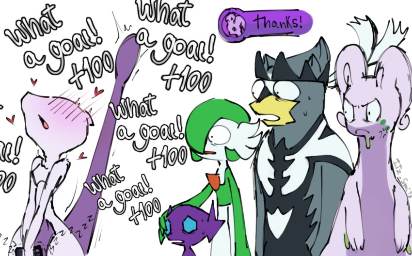 &lt;3 black_body black_fur blush fur gardevoir generation_1_pokemon generation_3_pokemon generation_6_pokemon generation_8_pokemon goodra grey_body grey_fur itz_smi73 legendary_pokemon looking_at_another looking_pleasured mewtwo nintendo open_mouth phone pokemon pokemon_(species) pokemon_unite purple_body sableye shocked_expression simple_background single_strike_style_urshifu text urshifu vibrating white_background white_body