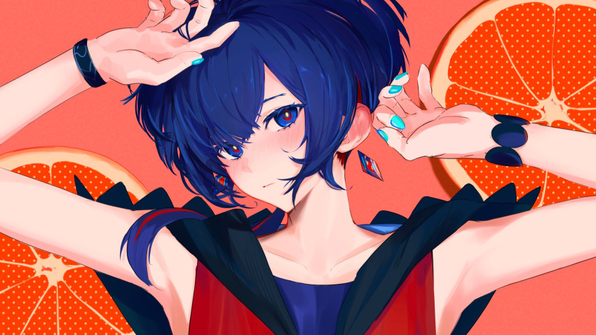 1girl aqua_nails armpits arms_up black_hood blue_eyes blue_hair blue_shirt blush bracelet closed_mouth collarbone colored_inner_hair commentary_request cropped diamond_earrings ear_blush earrings food fruit hair_over_shoulder hair_spread_out half-closed_eyes halftone head_tilt highres hood hood_down hooded_jacket jacket jewelry kamitsubaki_studio looking_at_viewer low_ponytail mandarin_(cevio) mandarin_orange multicolored_eyes multicolored_hair nose_blush pink_background red_eyes red_hair red_jacket rim_(kamitsubaki_studio) sankichi_(croquette_crab) shirt simple_background sleeveless sleeveless_jacket sleeveless_shirt solo upper_body virtual_youtuber yellow_pupils