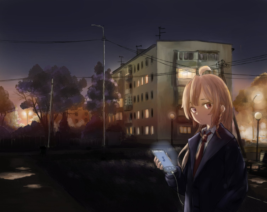 1girl ahoge apartment arver1944 bench black_jacket braid brown_eyes cellphone commentary english_commentary expressionless highres holding holding_phone jacket lamppost light_brown_hair long_hair long_sleeves looking_at_viewer musical_note necktie onii-chan_wa_oshimai! outdoors oyama_mahiro phone power_lines radio_antenna red_necktie shirt smartphone solo sunset tree twin_braids white_shirt wing_collar