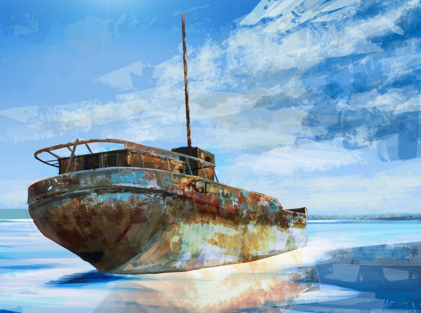 abandoned artist_self-reference beached_ship blue_sky boat cloud day highres horizon kgt_(pixiv12957613) landscape no_humans ocean original outdoors reflection reflective_water rust scenery sky watercraft