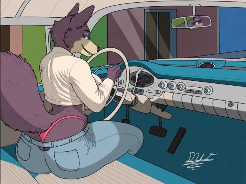 anthro beastars breasts butt canid canine canis clothed clothing delta_dewitt digital_media_(artwork) female fur juno_(beastars) mammal oldsmobile smile solo vehicle wolf