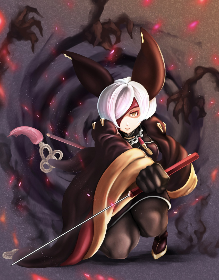 1girl animal_ears azamaru_(tenka_hyakken) bat_ears black_bodysuit black_footwear bodysuit highres looking_at_viewer on_one_knee one_eye_covered patchwork_fat. reverse_grip shadow_hands short_hair solo straight-on sword tassel tenka_hyakken umbrakinesis wakizashi weapon white_hair wide_sleeves yellow_eyes