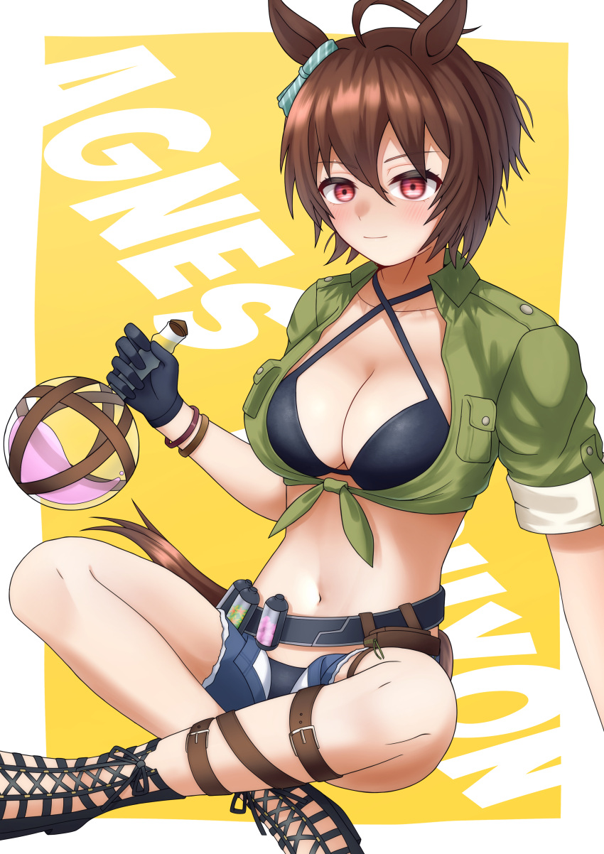 1girl absurdres agnes_tachyon_(lunatic_lab)_(umamusume) agnes_tachyon_(umamusume) ahoge animal_ears belt bikini black_belt black_bikini black_footwear black_gloves blue_shorts blush border breast_pocket breasts canister character_name cleavage closed_mouth commentary criss-cross_halter cropped_feet crossed_legs denim denim_shorts ear_ornament flask gloves green_jacket halterneck highres holding holding_flask horse_ears horse_girl horse_tail indian_style jacket large_breasts looking_at_viewer midriff navel official_alternate_costume okomedaisuki_07 open_clothes open_fly open_shorts pocket red_eyes round-bottom_flask sandals shorts simple_background single_glove sitting sleeves_rolled_up solo swimsuit tail tied_jacket umamusume white_border yellow_background
