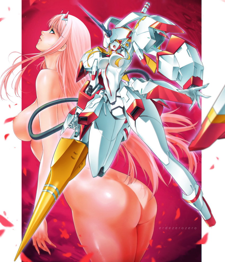 1girl absurdres artist_name ass breasts closed_mouth completely_nude darling_in_the_franxx erde00 falling_petals fingernails floating_hair green_eyes hairband highres horns lance large_breasts long_fingernails long_hair looking_to_the_side looking_up mecha nipples nude open_hand open_mouth petals pillarboxed pink_hair polearm profile red_horns robot science_fiction single_horn strelizia teeth upper_teeth_only very_long_hair weapon white_hairband yellow_eyes zero_two_(darling_in_the_franxx)