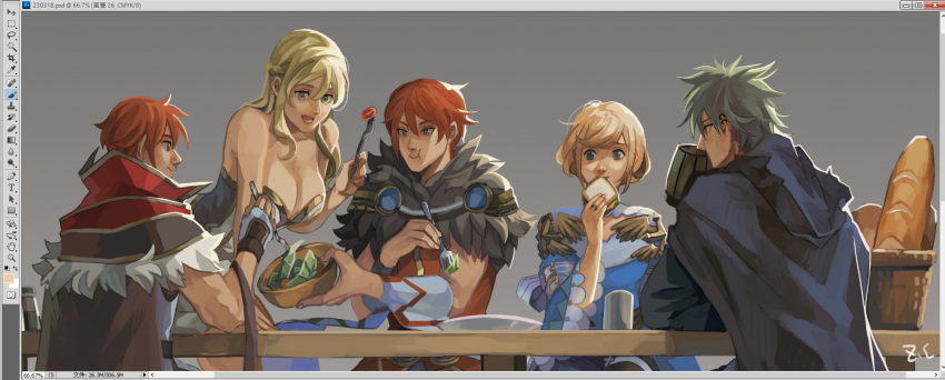 2girls 3boys :t adobe_photoshop arm_belt baguette beer_mug belt black_cloak blonde_hair blue_dress braid bread breasts brown_cape brown_dress cape capelet cardinal_(ragnarok_online) cherry_tomato cleavage cloak closed_mouth commentary_request cup detached_sleeves dress eating fingerless_gloves food fork french_braid fur-trimmed_capelet fur_collar fur_trim gloves golden_wings green_eyes green_hair grey_background high_wizard_(ragnarok_online) highres holding holding_food holding_fork hood hood_down hooded_cloak large_breasts long_bangs long_hair looking_at_another medium_bangs medium_breasts mug multiple_boys multiple_girls official_alternate_costume open_mouth orange_hair ragnarok_online red_capelet salad sandwich shadow_cross_(ragnarok_online) short_hair signature smile sorcerer_(ragnarok_online) strapless strapless_dress table tomato two-tone_dress upper_body white_belt white_dress white_gloves white_sleeves z.i