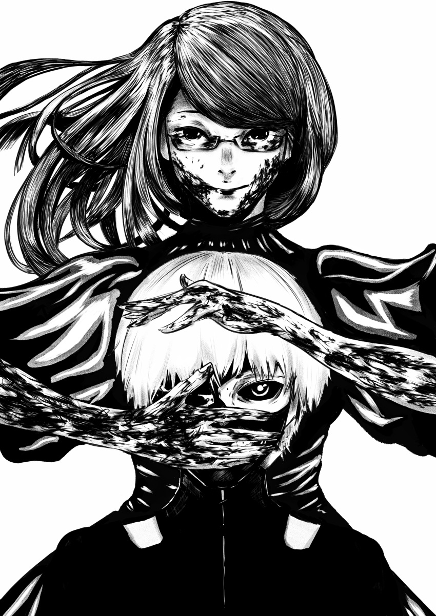 1boy 1girl absurdres closed_mouth euqarcia glasses highres kamishiro_rize kaneki_ken long_hair looking_at_viewer mask monochrome one_eye_covered scar scar_on_arm scar_on_face semi-rimless_eyewear short_hair smile tokyo_ghoul upper_body wide_sleeves