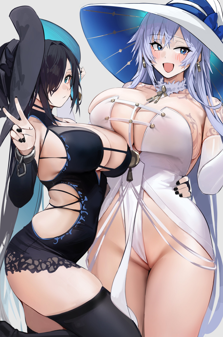 2girls absurdres asymmetrical_docking black_dress black_hair black_headwear black_nails black_thighhighs blue_eyes blue_hair blush breast_press breasts character_request chela77 cleavage collar detached_sleeves dress dungeon_and_fighter earrings hat hat_ribbon highres jewelry large_breasts light_blue_hair looking_at_viewer multiple_girls ribbon second-party_source simple_background skindentation sohyeonja tattoo thighhighs thighs v white_dress white_headwear witch_hat