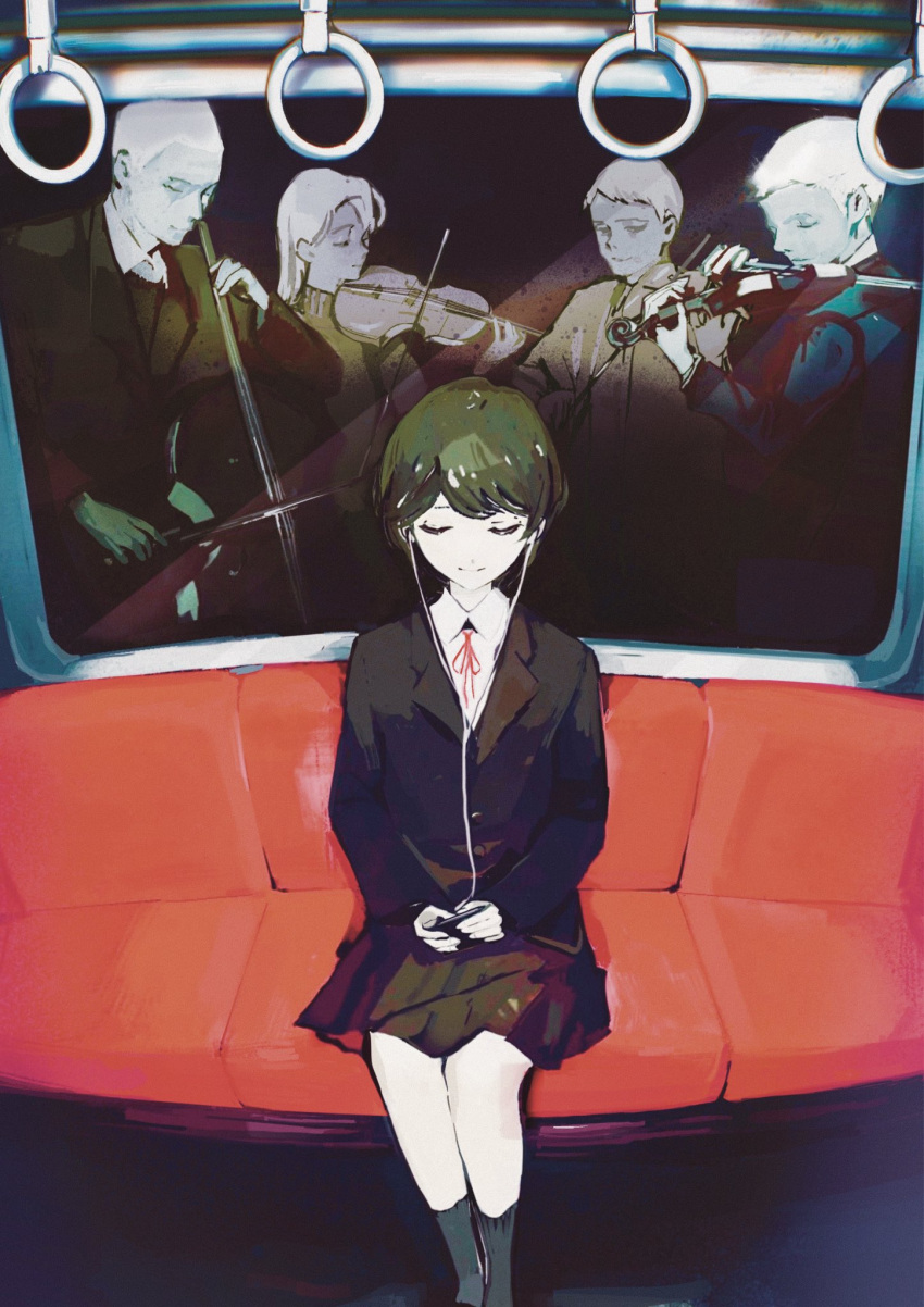 2girls 3boys black_socks closed_eyes digital_media_player fisheye ghost green_hair headphones highres holding_digital_media_player holding_violin listening_to_music long_hair multiple_boys multiple_girls orchestra original roundbee school_uniform short_hair sitting smile socks subway white_hair