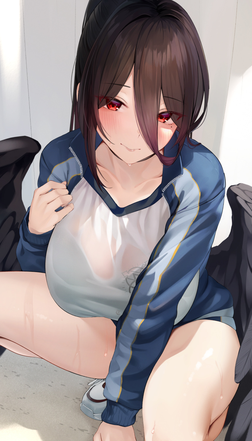 1girl absurdres black_hair black_wings blue_archive blue_jacket blush bra_visible_through_clothes breasts closed_mouth collarbone commentary english_commentary feathered_wings gym_uniform hair_between_eyes hasumi_(blue_archive) hasumi_(gym_uniform)_(blue_archive) highres jacket large_breasts long_hair long_sleeves looking_at_viewer low_wings mole mole_under_eye official_alternate_costume red_eyes shirt smile solo sweat thighs u_ronnta white_shirt wings