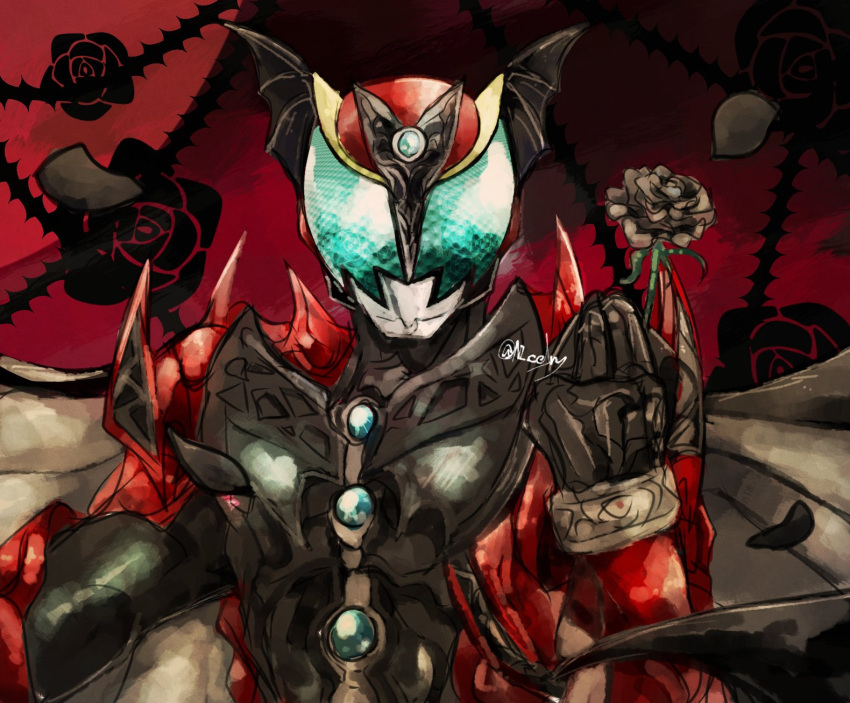 1boy armor bat_wings black_armor black_flower black_gloves black_rose cape compound_eyes floral_background flower gloves green_eyes head_wings highres kamen_rider kamen_rider_dark_kiva kamen_rider_kiva_(series) looking_at_viewer male_focus ni_celery_pk petals red_armor red_background rose rose_background rose_petals twitter_username vampire wings