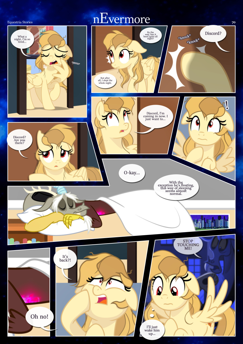 absurd_res alice_goldenfeather_(estories) anthro awake bed_hair bedding blanket border chimera conflicted cutie_mark dialogue discord_(mlp) disheveled doorway draconequus equid equine estories eyes_closed female feral folded_wings friendship_is_magic glowing hair hasbro hi_res hooves inside knocking knocking_on_door male mammal messy_hair my_little_pony open_mouth pegasus pillow pink_glow raised_hoof remembering sleeping solo spread_wings white_border winged_arms wings yawn