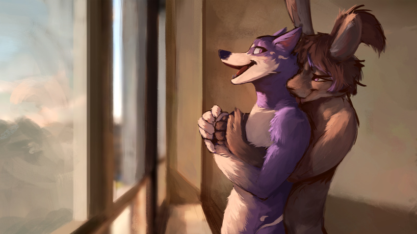 2018 anthro blue_sky brown_body brown_fur brown_hair canid canine canis day detailed_background duo embrace fur gloves_(marking) hair half-length_portrait hi_res highlights_(coloring) hug inside interspecies kivu lagomorph leporid licking light lighting looking_at_another looking_at_partner looking_back male male/male mammal markings monkeyspirit neck_lick nude open_mouth open_smile ponytail portrait purple_body purple_fur purple_highlights purple_nose rabbit side_view sky sleepy_(sleepylp) smile standing tan_body tan_fur tongue tongue_out window wolf