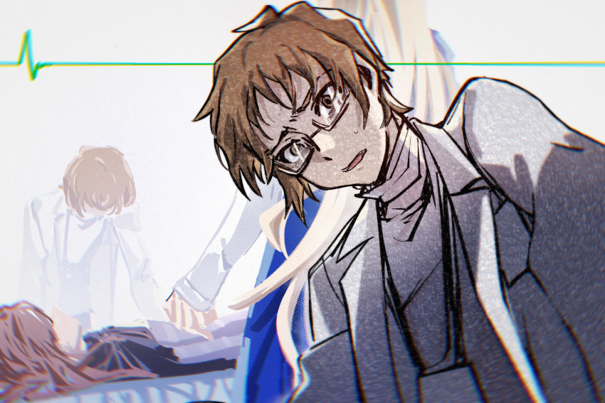 cardiogram chiyoruhakucyu chou_shittou_caduceus doctor dying emilio_juarez glasses highres lab_coat nurse tonegawa_anju tsukimori_kousuke