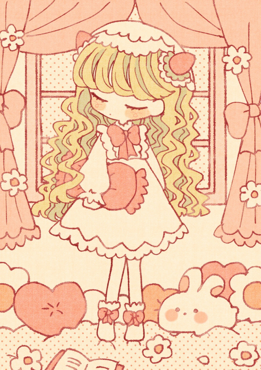 1girl blonde_hair blush bow bow_legwear bowtie closed_eyes curtains dress flower food-themed_hair_ornament full_body hair_ornament highres holding holding_pillow irozaki_ihachi limited_palette long_hair long_sleeves original pillow rabbit red_bow red_bowtie socks solo standing strawberry_hair_ornament wavy_hair white_dress white_flower white_headwear white_socks window