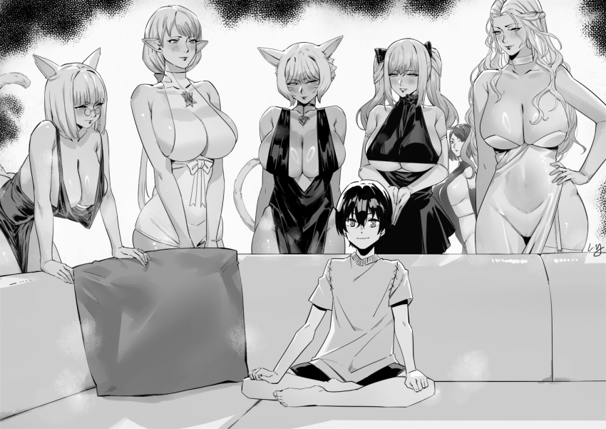 1boy 6+girls age_difference ameliance_leveilleur animal_ears athena_(ff14) breasts cat_ears cat_tail character_request cleavage club3 couch dress elezen elf f'lhaminn_qesh final_fantasy final_fantasy_xiv glasses huge_breasts hyur indian_style leaning_forward looking_at_another looking_at_viewer mature_female meme miqo'te multiple_girls no_bra onee-shota piper_perri_surrounded_(meme) pointy_ears sitting smile surrounded tail venat_(ff14) warrior_of_light_(ff14) y'shtola_rhul