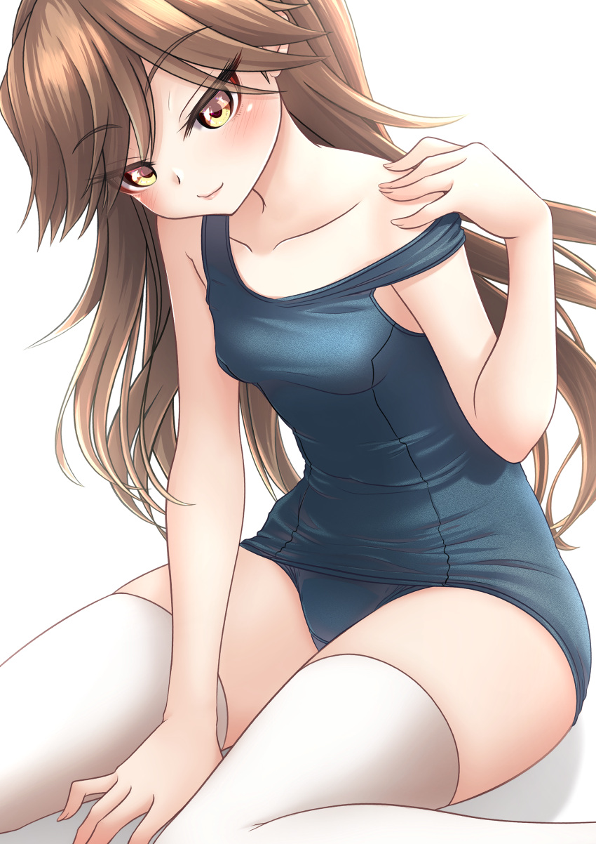 1girl absurdres alternate_costume alternate_legwear arashio_(kancolle) blue_one-piece_swimsuit blush breasts brown_eyes brown_hair collarbone highres kantai_collection long_hair looking_at_viewer makura_(y_makura) one-piece_swimsuit school_swimsuit simple_background sitting small_breasts smile solo swimsuit thighhighs undressing wariza white_background white_thighhighs