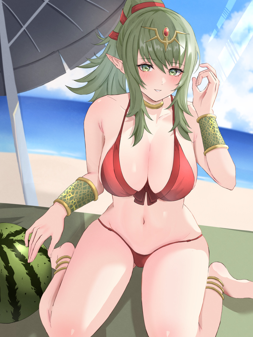 1girl absurdres adjusting_hair anklet beach beach_umbrella bikini bracelet breasts fire_emblem fire_emblem_awakening fire_emblem_heroes gold_choker green_eyes green_hair hair_ribbon high_ponytail highres jewelry large_breasts looking_at_viewer official_alternate_costume outdoors parted_lips peli_cantaro pointy_ears ponytail red_bikini red_ribbon ribbon seiza sitting smile solo swimsuit teeth tiara tiki_(adult)_(fire_emblem) tiki_(adult)_(summer)_(fire_emblem) tiki_(fire_emblem) umbrella watermark