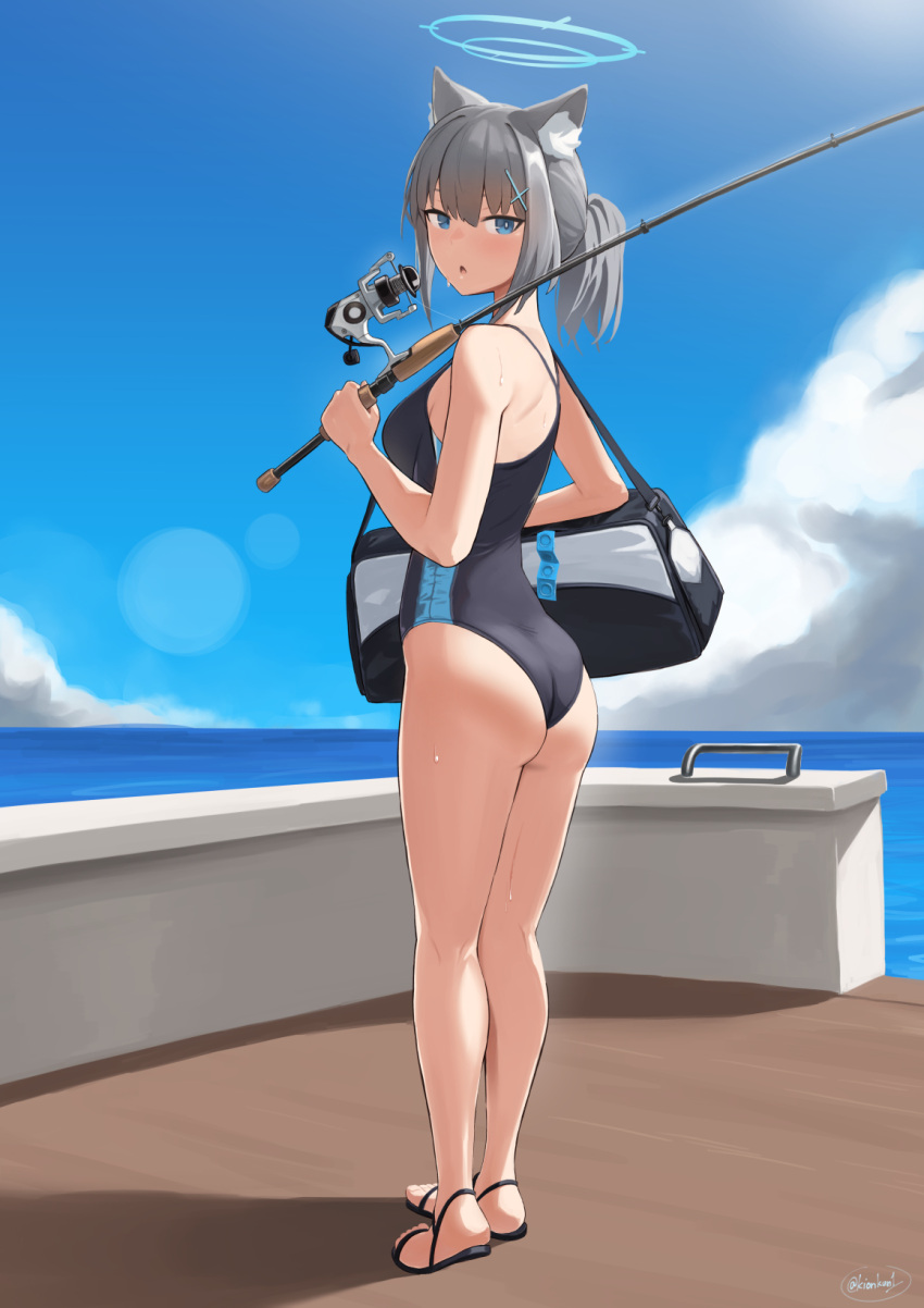 1girl animal_ear_fluff animal_ears ass bag bare_arms black_one-piece_swimsuit blue_archive blue_eyes blue_one-piece_swimsuit blue_sky condom condom_packet_strip condom_wrapper day fishing_rod full_body grey_hair halo heel_up highres holding holding_fishing_rod kion-kun legs looking_at_viewer looking_back mismatched_pupils one-piece_swimsuit open_mouth sandals shiroko_(blue_archive) shiroko_(swimsuit)_(blue_archive) sky solo standing swimsuit toes two-tone_swimsuit wolf_ears