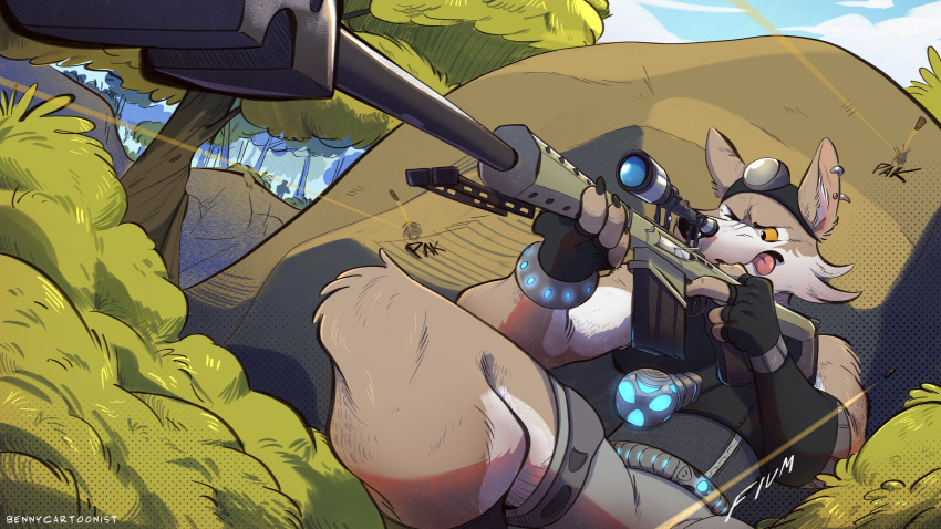 2023 absurd_res aiming anthro bennycartoonist black_nose bottomwear bracelet brown_body brown_fur canid canine canis claws clothing cloud epic_games finger_claws fingerless_gloves forest forest_background fortnite fur gloves grass gun handwear hi_res jewelry male mammal military military_uniform nature nature_background one_eye_closed outside plant ranged_weapon rifle rock scope shorts sky sniper sniper_rifle snout solo tongue tongue_out tree uniform weapon wendell_(fortnite) wolf yellow_sclera