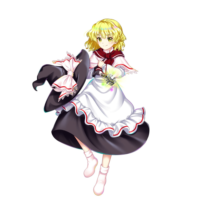 1girl apron black_headwear blonde_hair bow capelet closed_mouth full_body game_cg hat hat_bow highres holding holding_clothes holding_hat kirisame_marisa long_sleeves looking_at_viewer mini-hakkero perfect_cherry_blossom red_scarf rotte_(1109) scarf short_hair simple_background smile socks solo third-party_source touhou touhou_lost_word white_apron white_background white_bow white_capelet white_socks witch_hat yellow_eyes