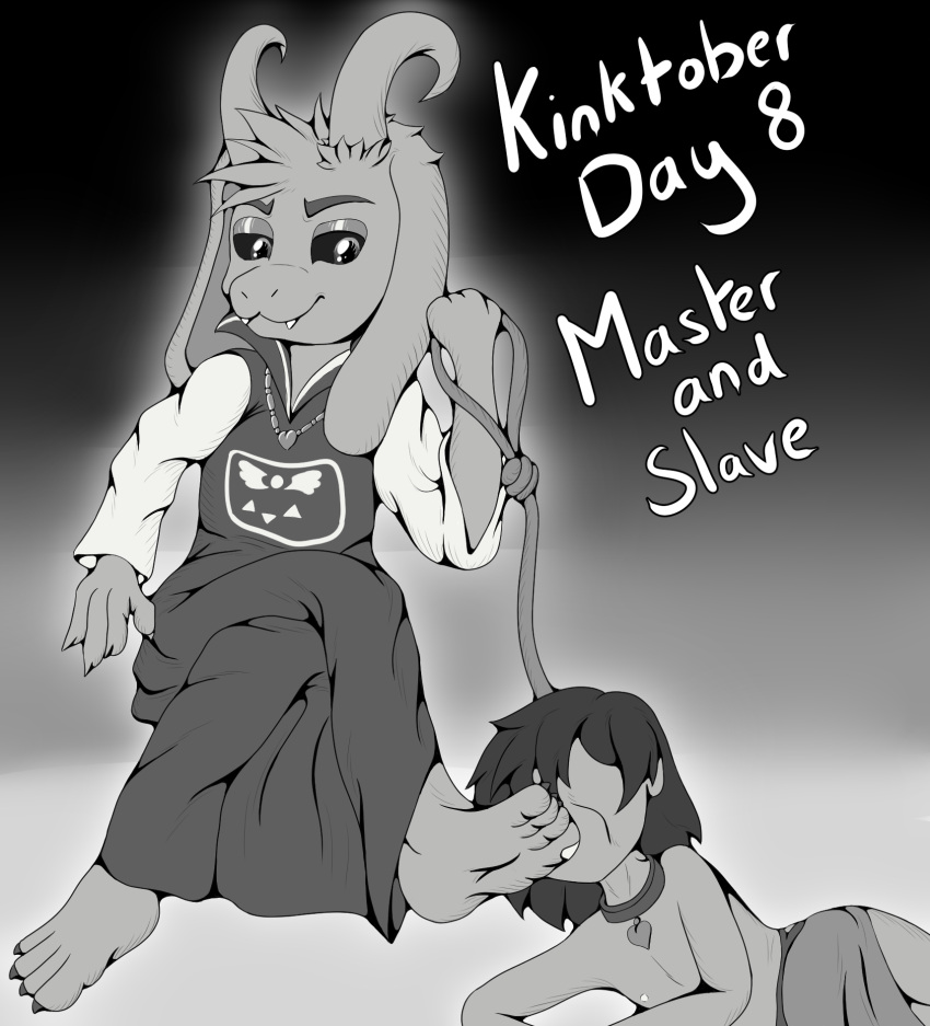 anthro asriel_dreemurr asriel_dreemurr_(god_form) boss_monster bovid caprine clothed clothing collar dominant dominant_male duo feet foot_fetish foot_in_mouth foot_play foot_suck foxkai frisk_(undertale) goat hi_res human male male/male mammal master slave submissive submissive_male sucking toe_in_mouth toe_suck toes topless topless_male undertale undertale_(series)