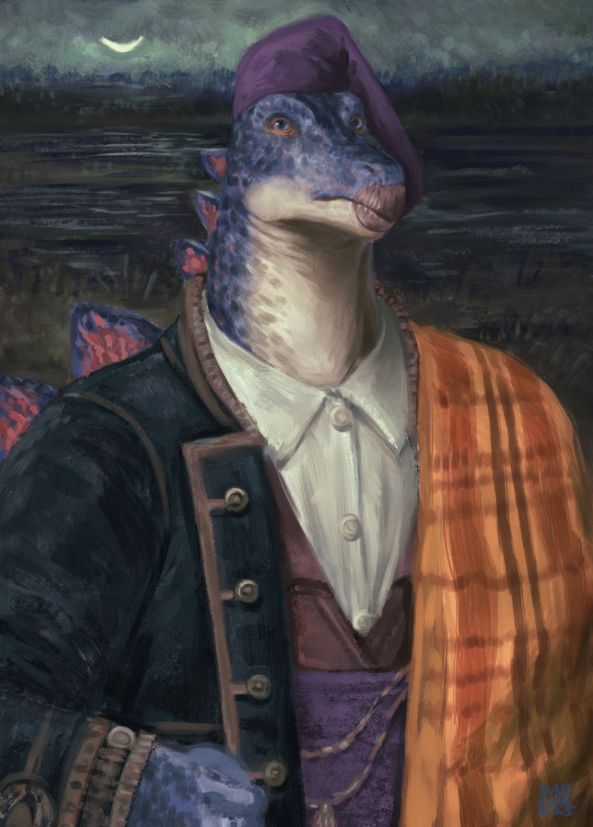 2023 anthro beak bedding blanket blue_body blue_eyes button_(fastener) catalonia charms clothed clothing collared_shirt crescent_moon digital_media_(artwork) digital_painting_(artwork) dinosaur dyna_soar embroidered_jacket fantasy folk_costume green_clothing hat headgear headwear hi_res jacket looking_at_viewer male markings moon night orange_clothing ornithischian outside phrygian_cap plaid plates portrait purple_clothing purple_hat purple_headwear red_markings reptile river sash saurian_(disambiguation) scalie shirt signature solo stegosaurian stegosaurus three-quarter_portrait thyreophoran topwear vest waist_accessory white_clothing white_shirt white_topwear