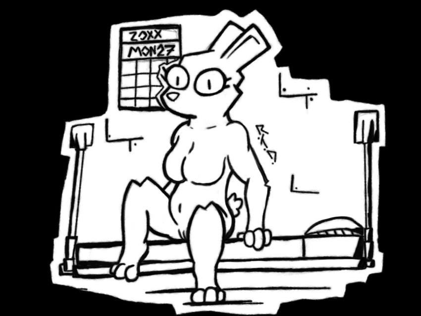 anthro bed breasts calendar casual_nudity female fur furniture genitals invalid_background lagomorph leporid mammal margo_(reed_the_deer) monochrome nude on_bed paws pussy rabbit reed_the_deer sitting sitting_on_bed slightly_chubby solo watermark