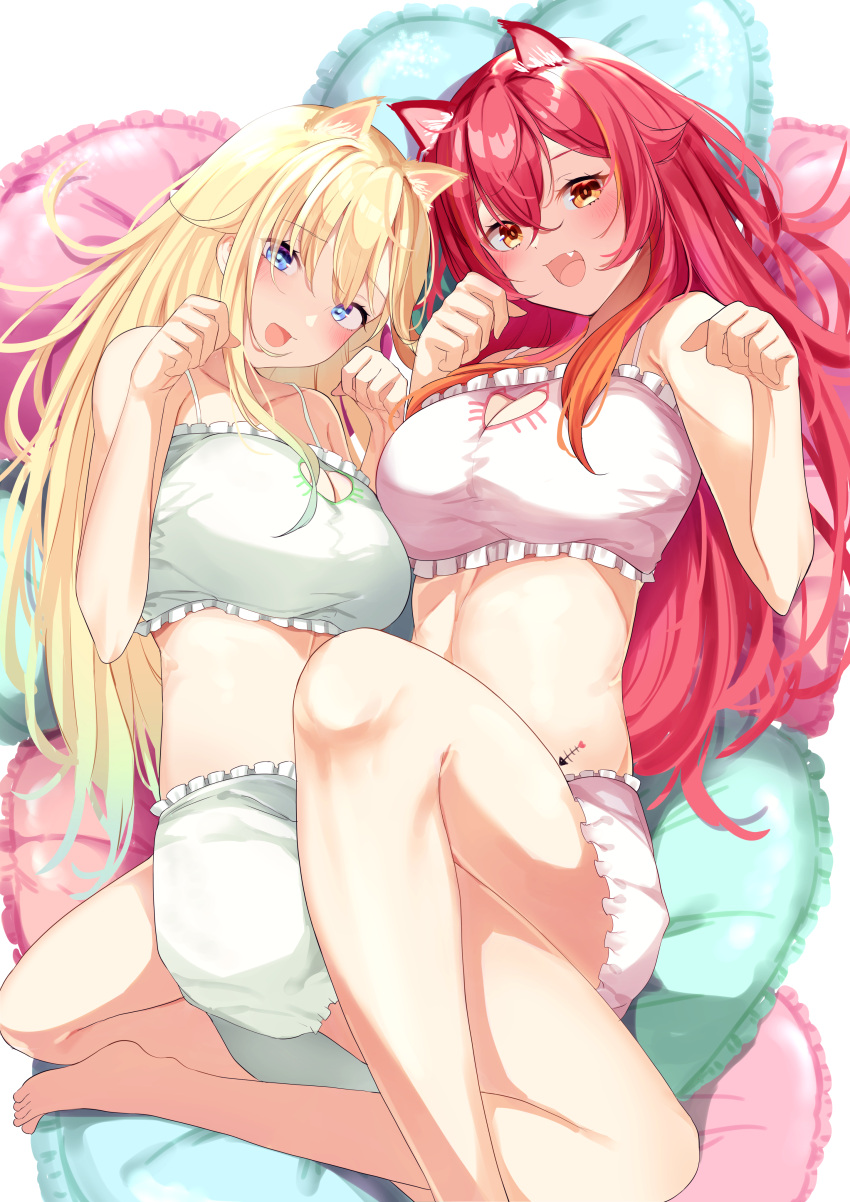 2girls :d absurdres aizawa_ema animal_ears blonde_hair blue_bra blue_eyes blue_hair blue_shorts blush bra breasts cat_ears cleavage clothing_cutout fang fish_bone frilled_bra frills gradient_hair hair_between_eyes heart heart_cutout heart_pillow highres kairi_(miry666) large_breasts long_hair lying multicolored_hair multiple_girls nekota_tsuna on_back orange_eyes paw_pose pillow pink_bra pink_shorts red_hair shorts smile underwear very_long_hair vspo!