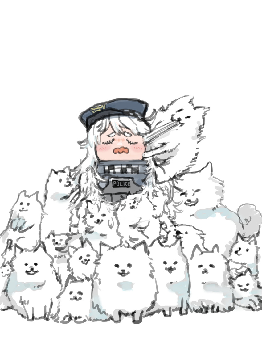 1girl absurdres biting_hair closed_eyes dog goddess_of_victory:_nikke hat highres long_hair poli_(nikke) police police_hat police_uniform policewoman samoyed_(dog) uniform very_long_hair white_hair yuzushouko