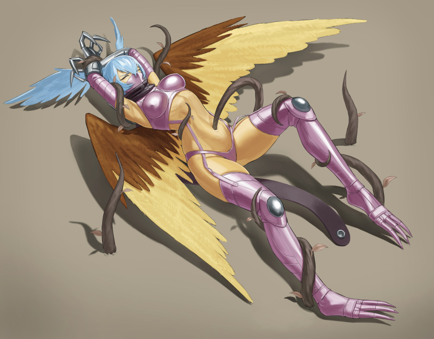1girl absurdres armpits arms_up bikini black_scarf blue_hair bound bound_wrists breasts claws closed_eyes commentary_request commission covered_nipples digimon digimon_(creature) feathered_wings full_body garter_straps gauntlets gloves hair_between_eyes hair_wings highres kaiseirun leaf long_hair mask medium_breasts mouth_mask navel navel_insertion pixiv_commission plant purple_bikini purple_footwear purple_gloves restrained ryona scarf shadow shoulder_pads shutumon sidelocks simple_background skindentation solo stomach sweat swimsuit thigh_gap vine_bondage vines wings