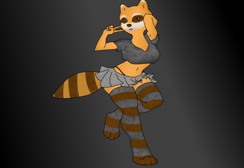 absurd_res bottomwear clothing crossgender female footwear hi_res humanoid legwear mammal procyonid project_zomboid raccoon skirt socks solo spiffo tail